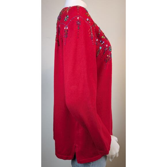 Marisa Christina Holiday Sweater Large Red Beaded Sequined  Embellished Glam - Picture 6 of 9
